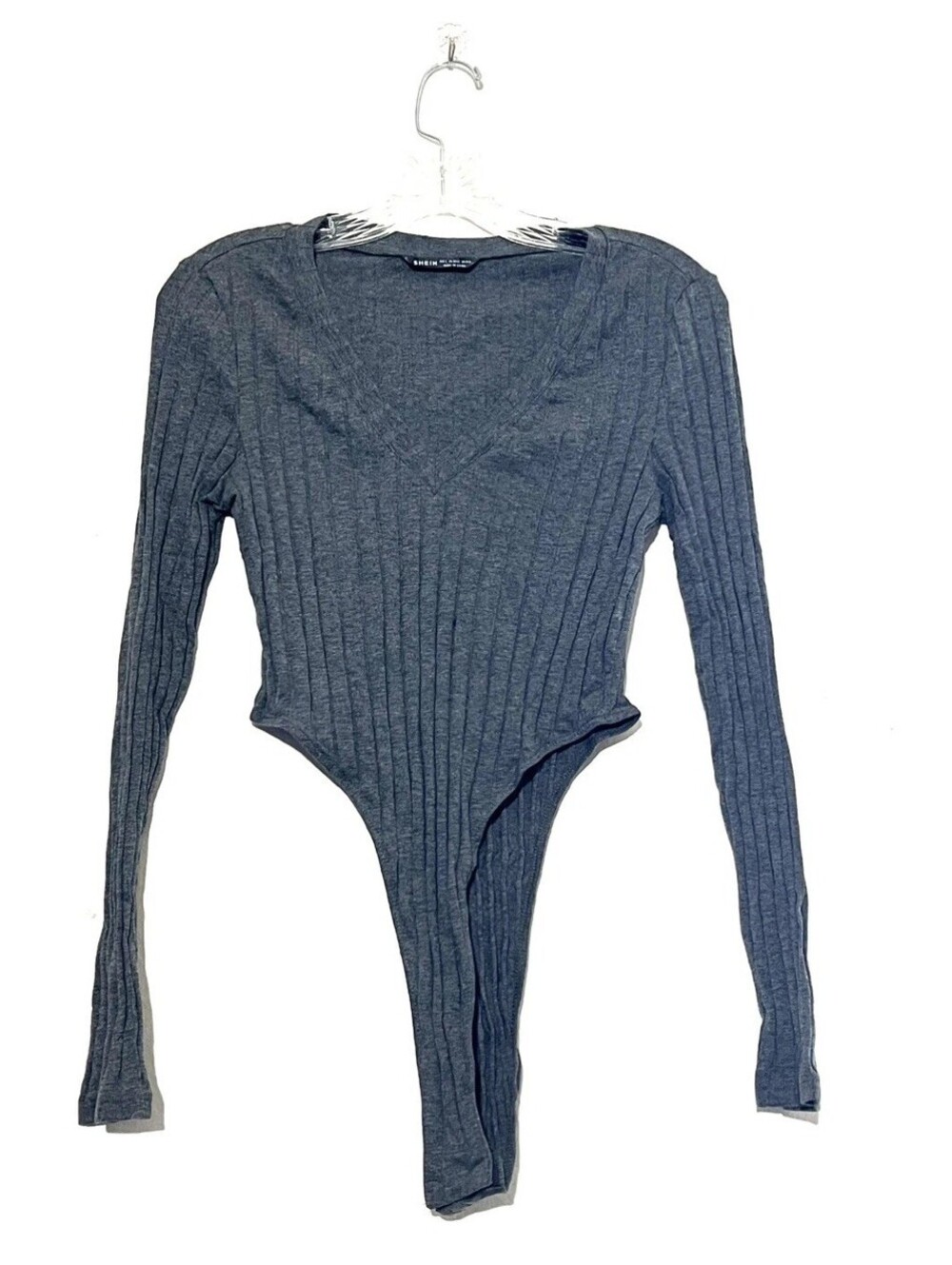 SHEIN Womens L Gray Ribbed Wrap V Neck Long Sleeve Bodysuit 100% Cotton
